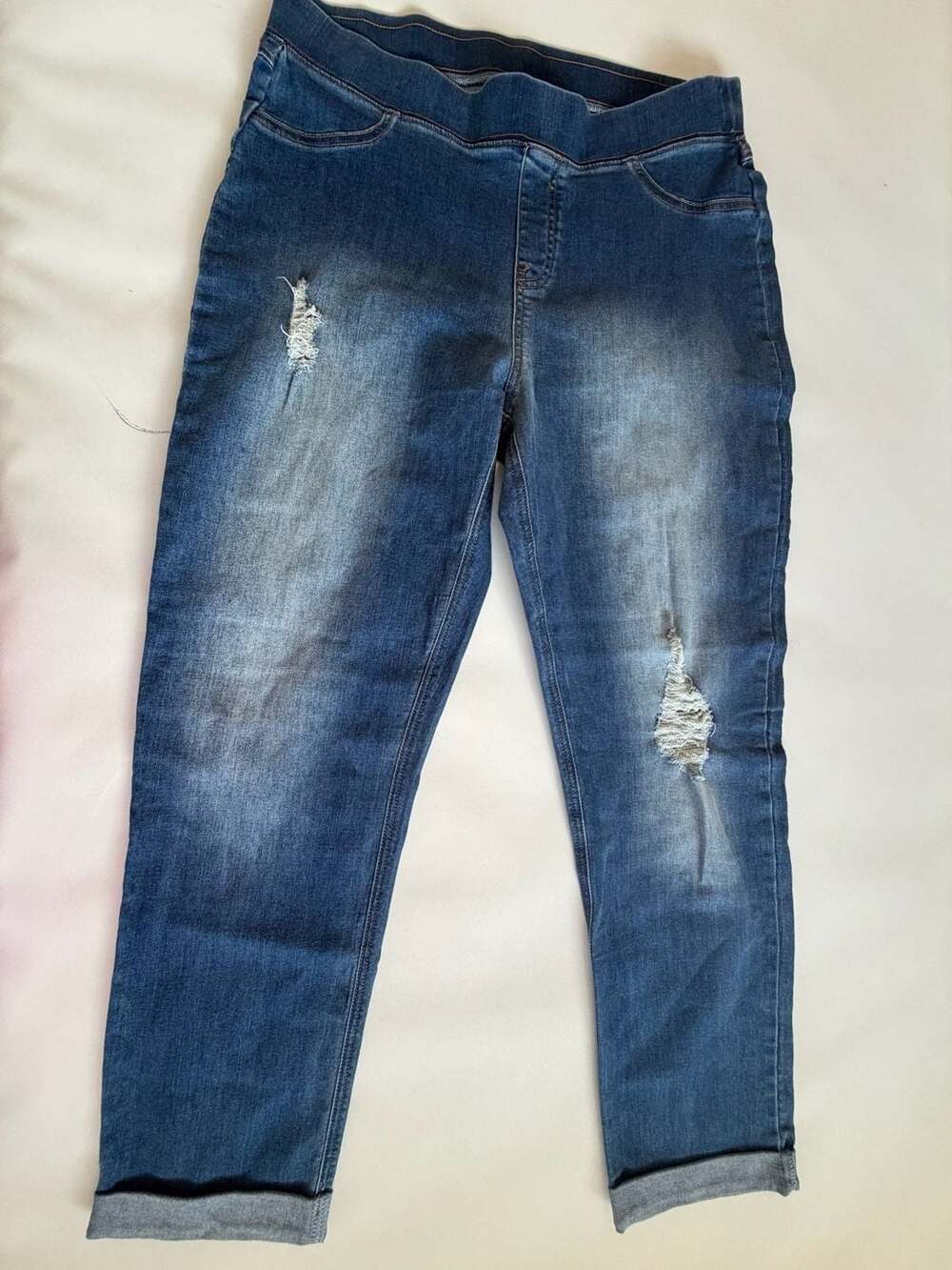 Womens Jeans L Blue Denim Distressed Ripped Pull On Elastic Waist Jeggins